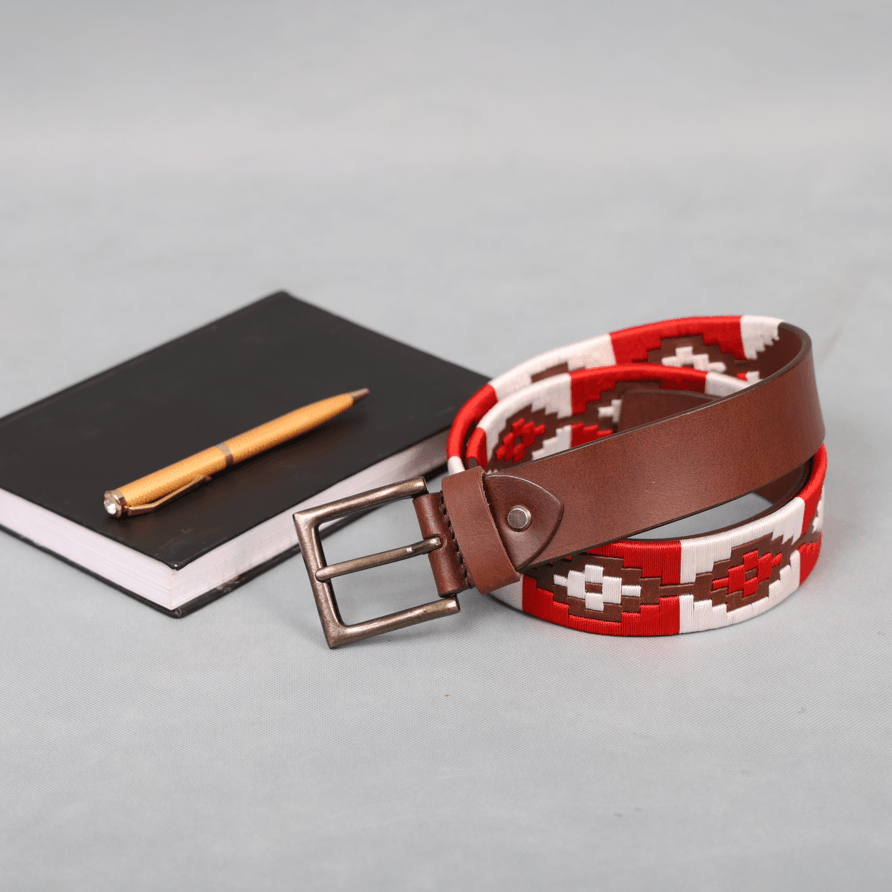 Brown Polo Leather Belt with Red and White Stitching & Antique Buckle
