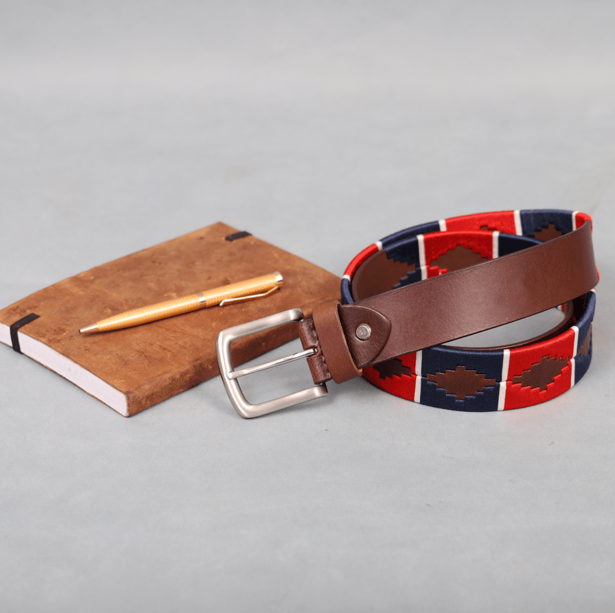 Brown Polo Leather Belt with Red and Blue Stitching and Classic Silver Buckle