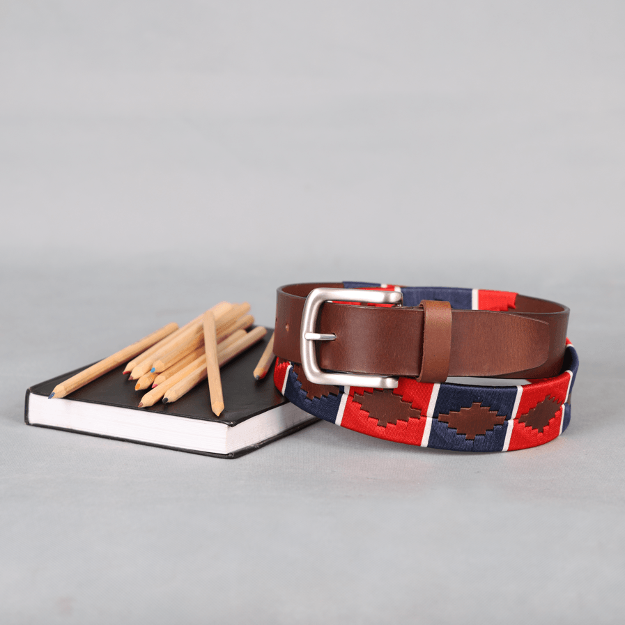 Brown Polo Leather Belt with Red and Blue Stitching and Classic Silver Buckle