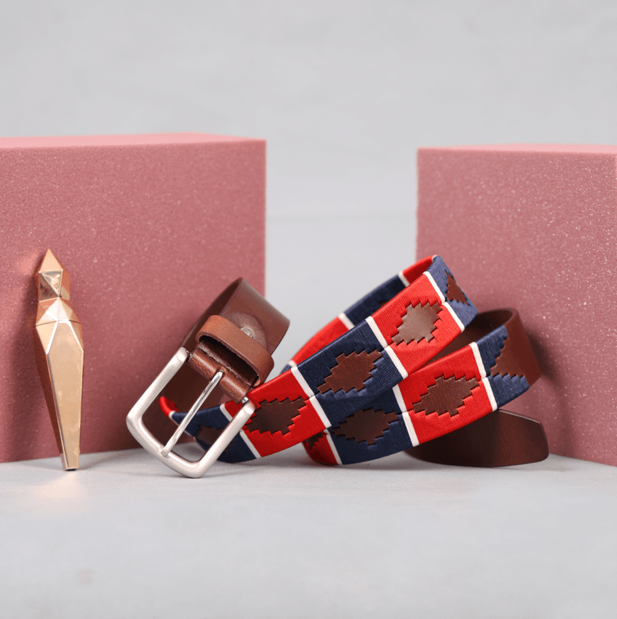 Brown Polo Leather Belt with Red and Blue Stitching and Classic Silver Buckle