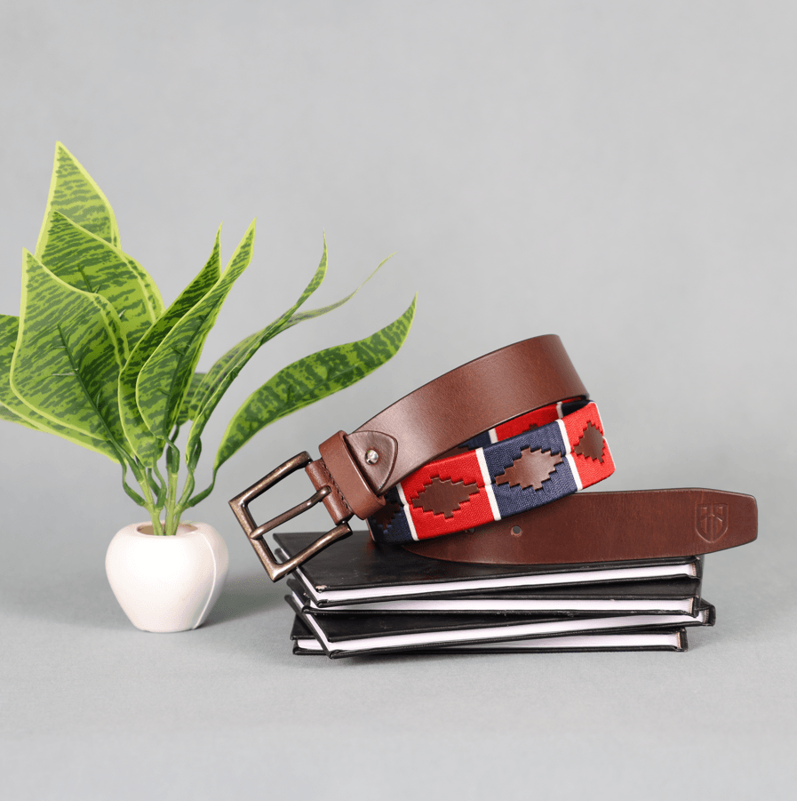 Brown Polo Leather Belt with Red and Blue Stitching and Antique Buckle