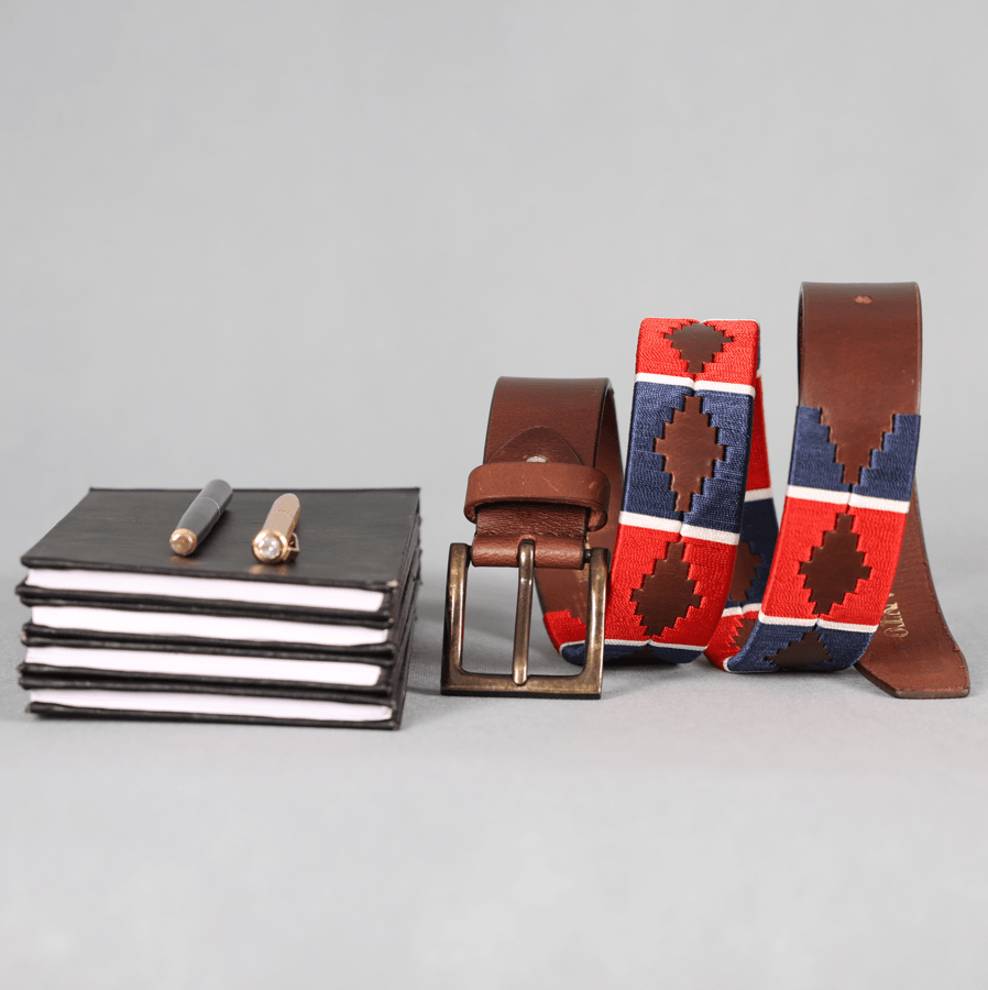 Brown Polo Leather Belt with Red and Blue Stitching and Antique Buckle