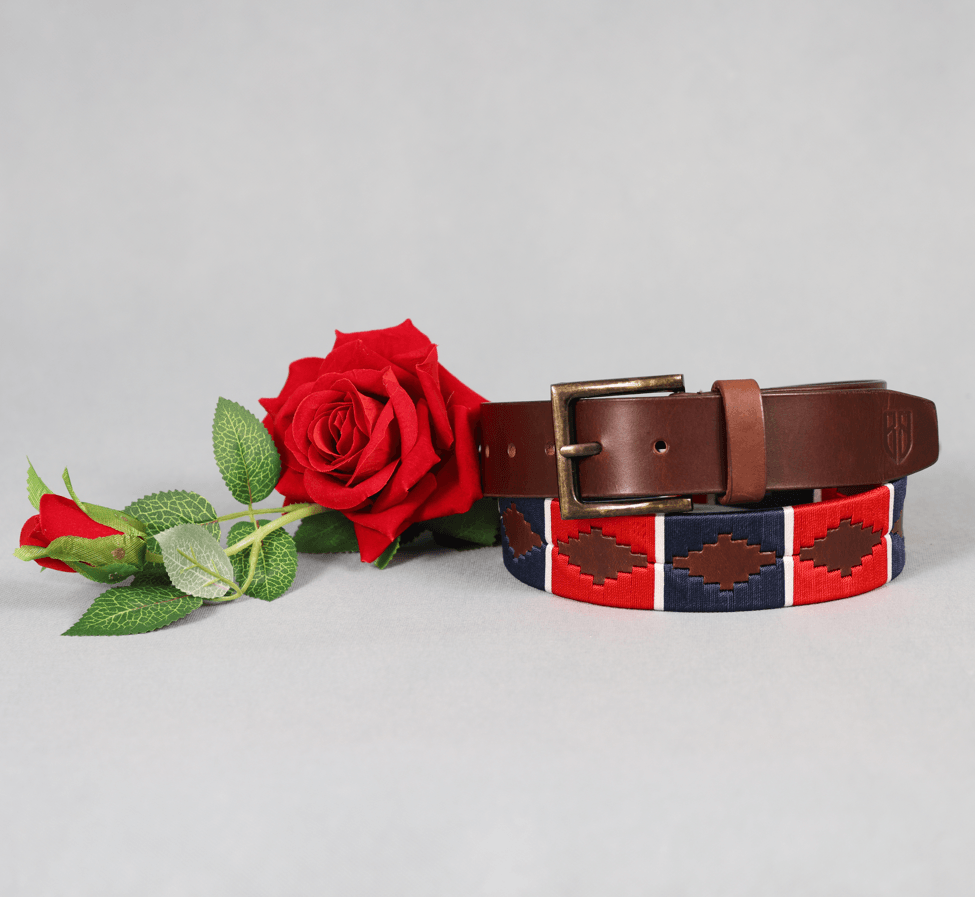 Brown Polo Leather Belt with Red and Blue Stitching and Antique Buckle
