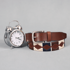 Brown Polo Leather Belt with Blue, Cream, and Brown Stitching & Silver Buckle
