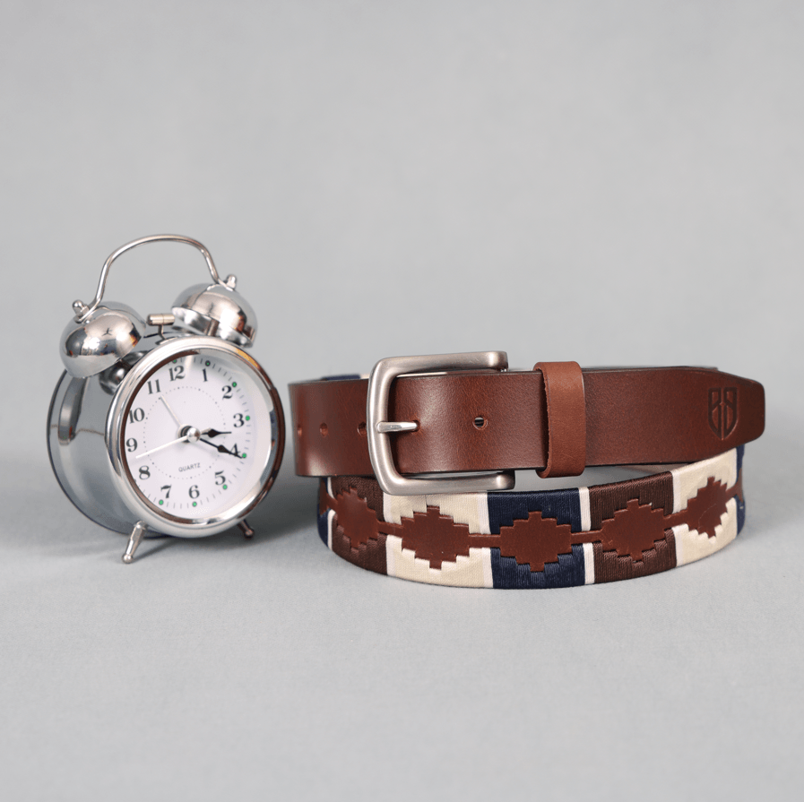 Brown Polo Leather Belt with Blue, Cream, and Brown Stitching & Silver Buckle