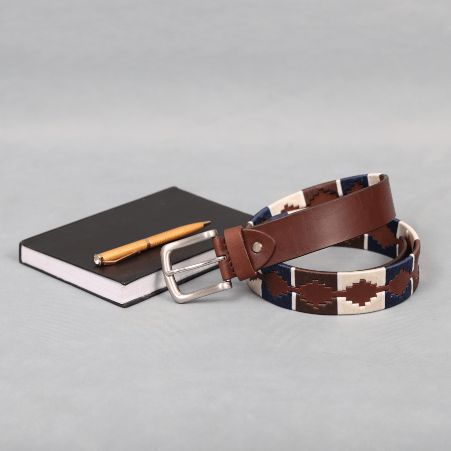 Brown Polo Leather Belt with Blue, Cream, and Brown Stitching & Silver Buckle