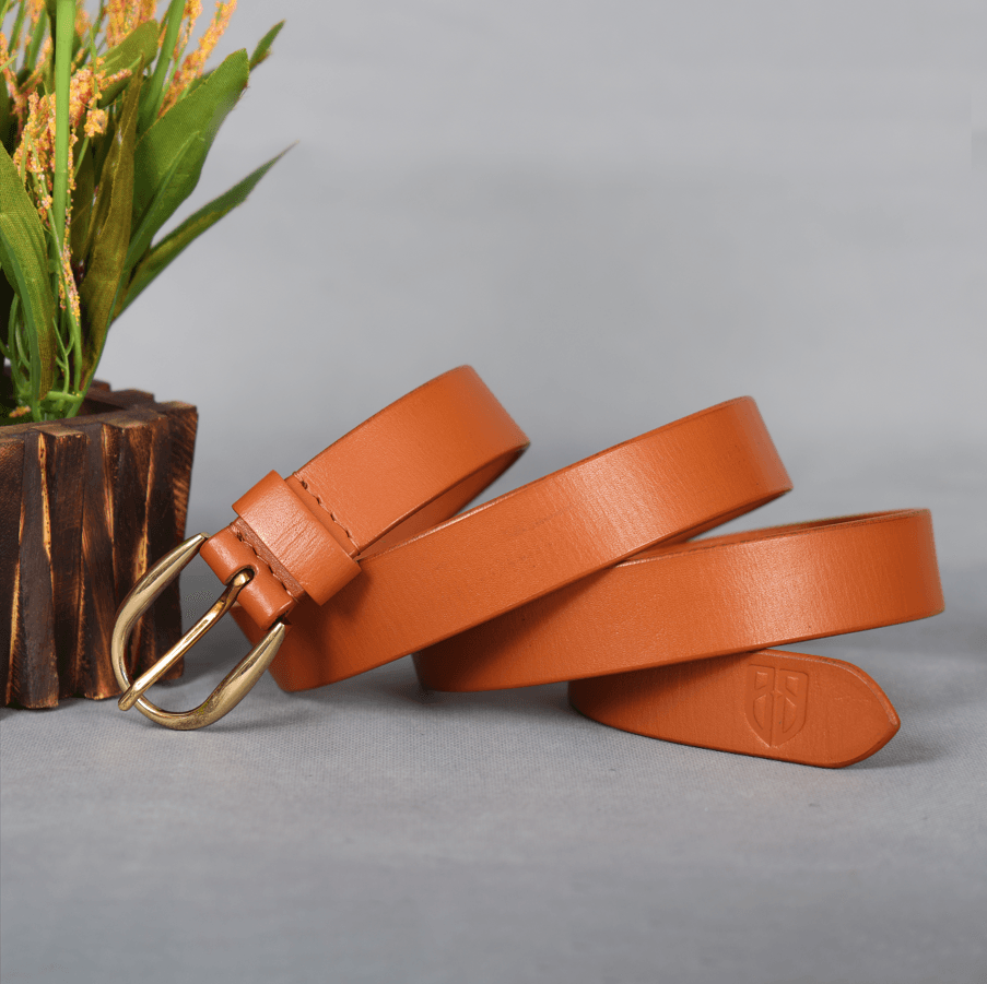Tan Leather Belt for Women with Golden Buckle