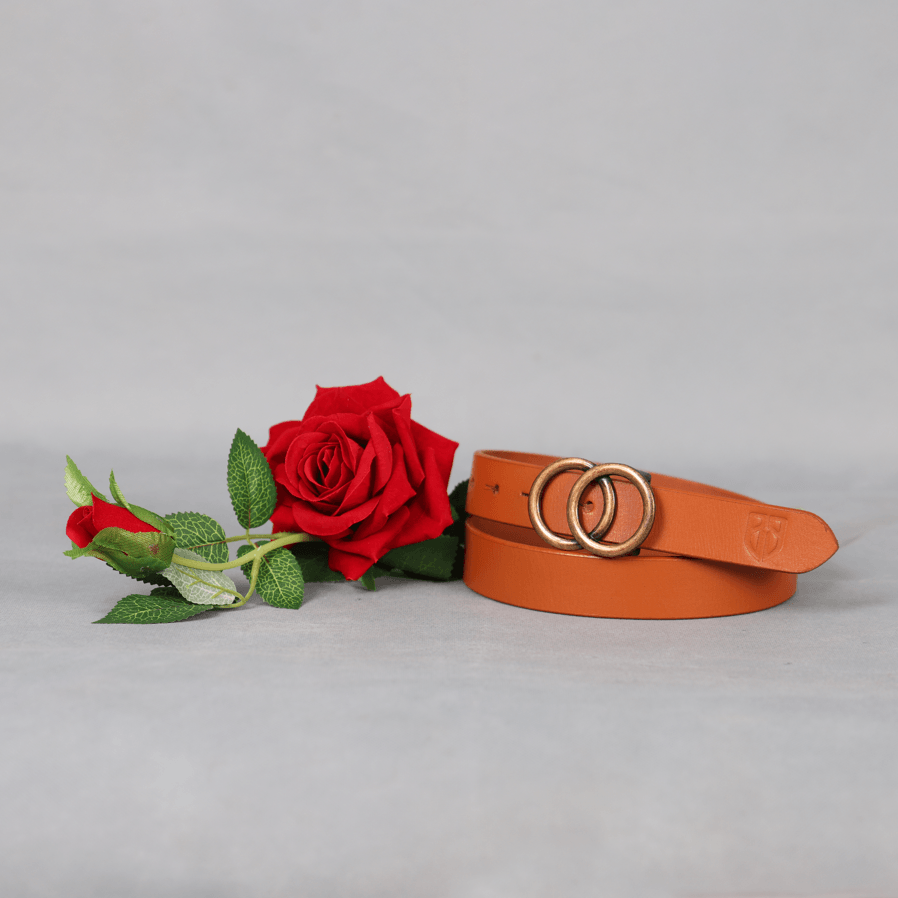 Tan Leather Belt for Women with Double Ring Antique Golden Buckle