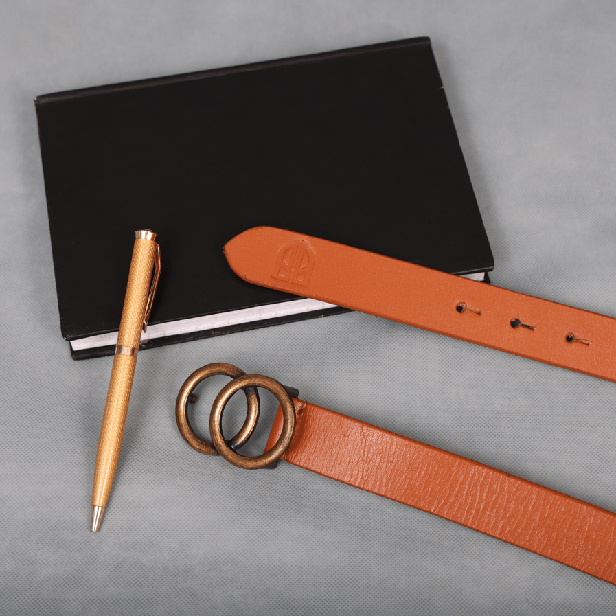Tan Leather Belt for Women with Double Ring Antique Golden Buckle