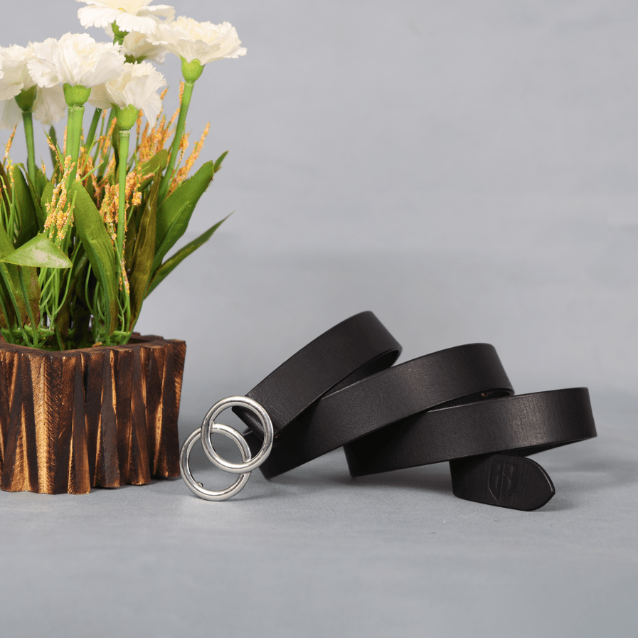 Black Leather Belt for Women with Designer Silver Buckle