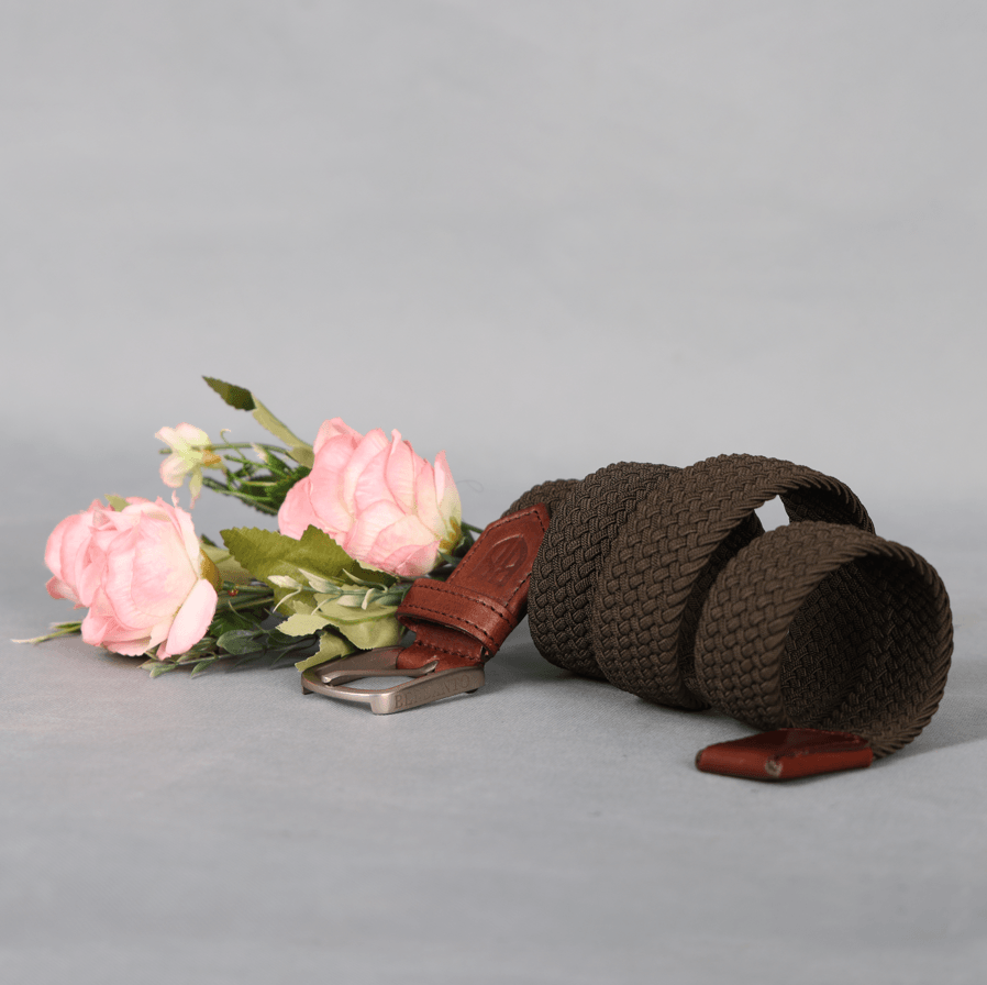 Golf Stretch Belt – Olive Green with Brown Leather Trim