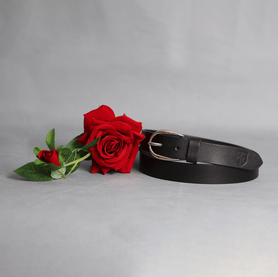Black Leather Belt for Women with Silver Buckle