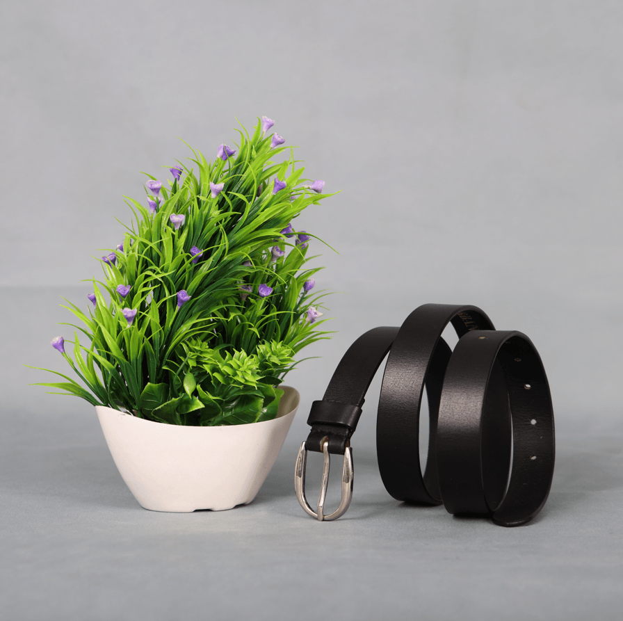 Black Leather Belt for Women with Silver Buckle