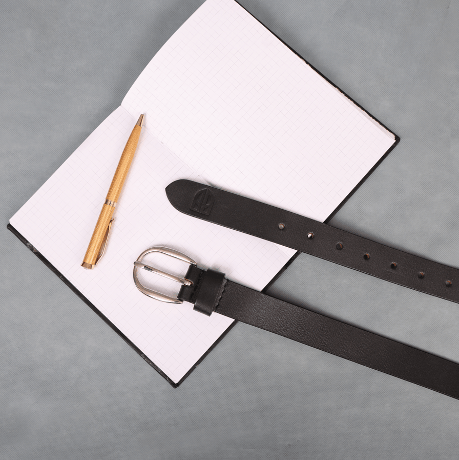 Black Leather Belt for Women with Silver Buckle