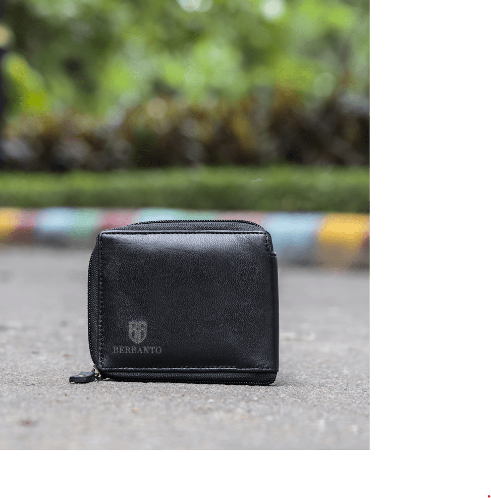 Black Leather Wallet with Zip Closure for Men