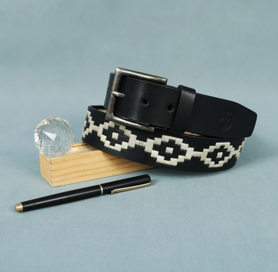 Black Polo Leather Belt with Cream Stitching & Antique Buckle