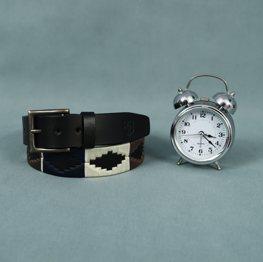 Black Polo Leather Belt with Blue, Cream, and Brown Stitching & Antique Buckle
