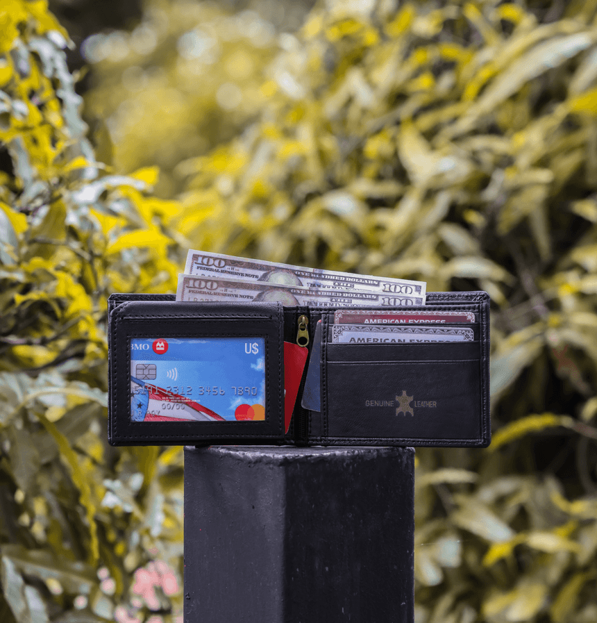 Black Leather Wallet with Transparent ID Card Slot