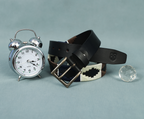 Black Polo Leather Belt with Blue, Cream, and Brown Stitching & Antique Buckle