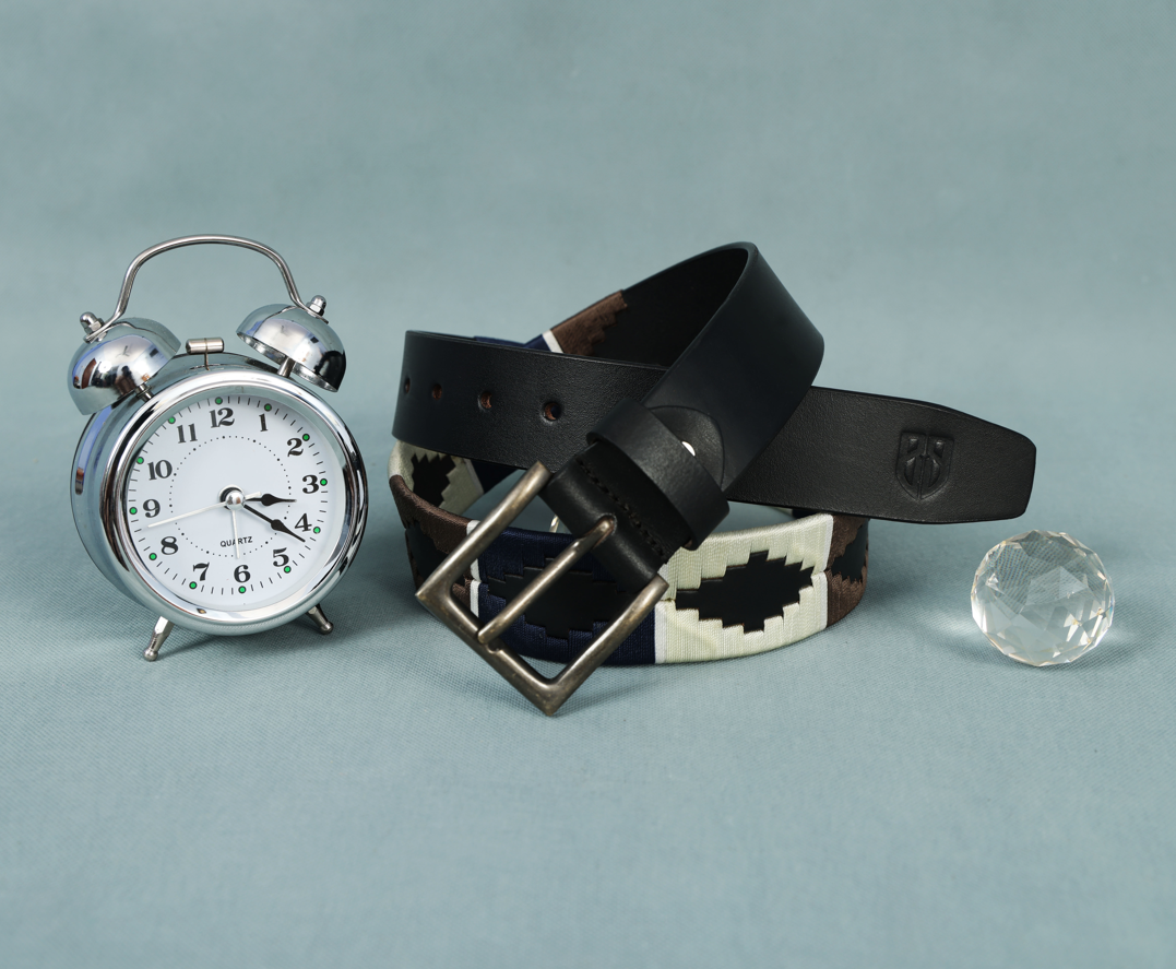 Black Polo Leather Belt with Blue, Cream, and Brown Stitching & Antique Buckle