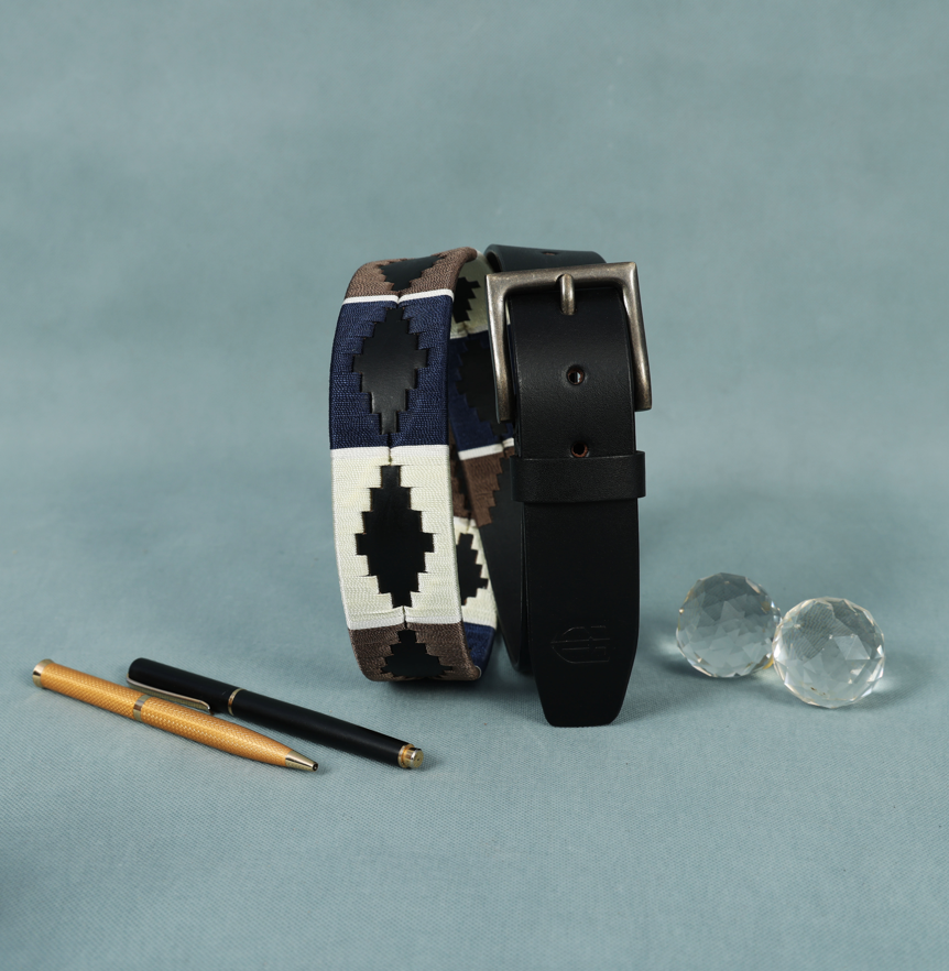Black Polo Leather Belt with Blue, Cream, and Brown Stitching & Antique Buckle