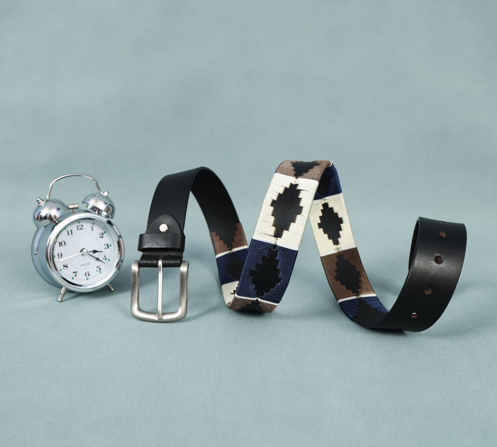 Black Polo Leather Belt with Brown, Cream, and Blue Stitching & Silver Buckle