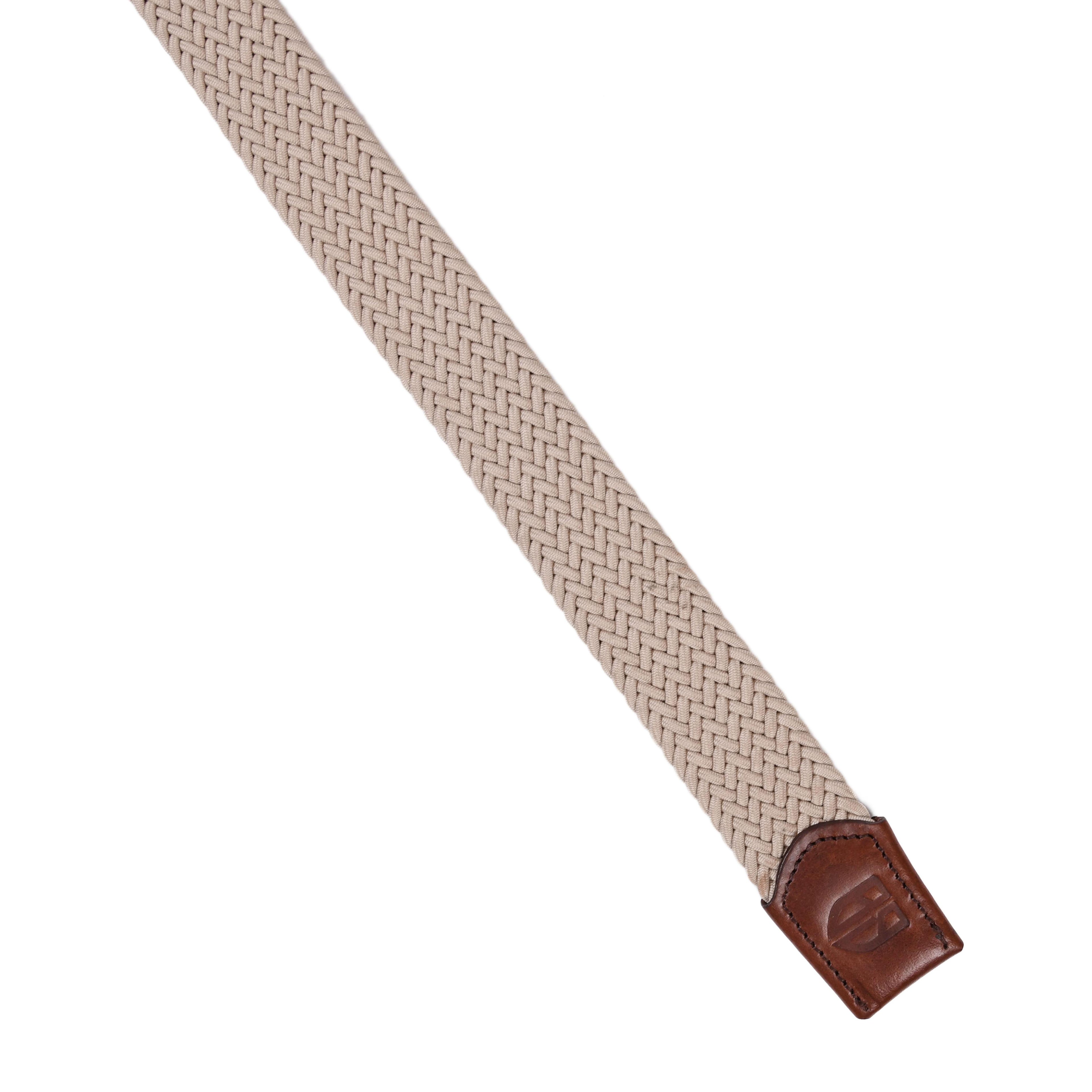 Golf Stretch Belt – Classic Beige with Brown Leather Trim