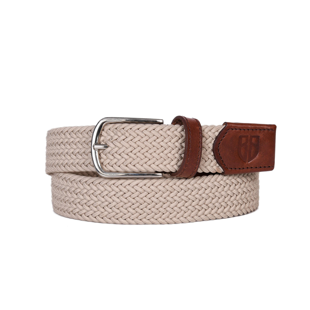 Golf Stretch Belt – Classic Beige with Brown Leather Trim