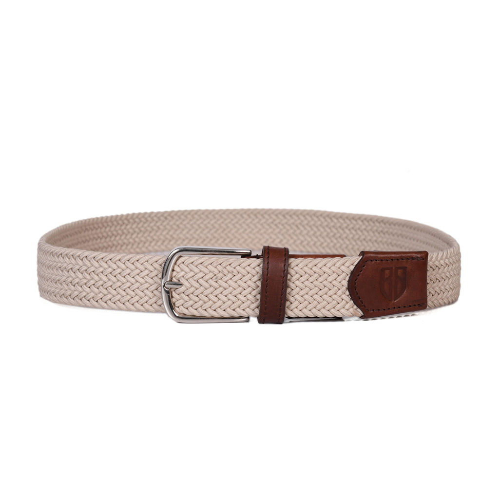 Golf Stretch Belt – Classic Beige with Brown Leather Trim
