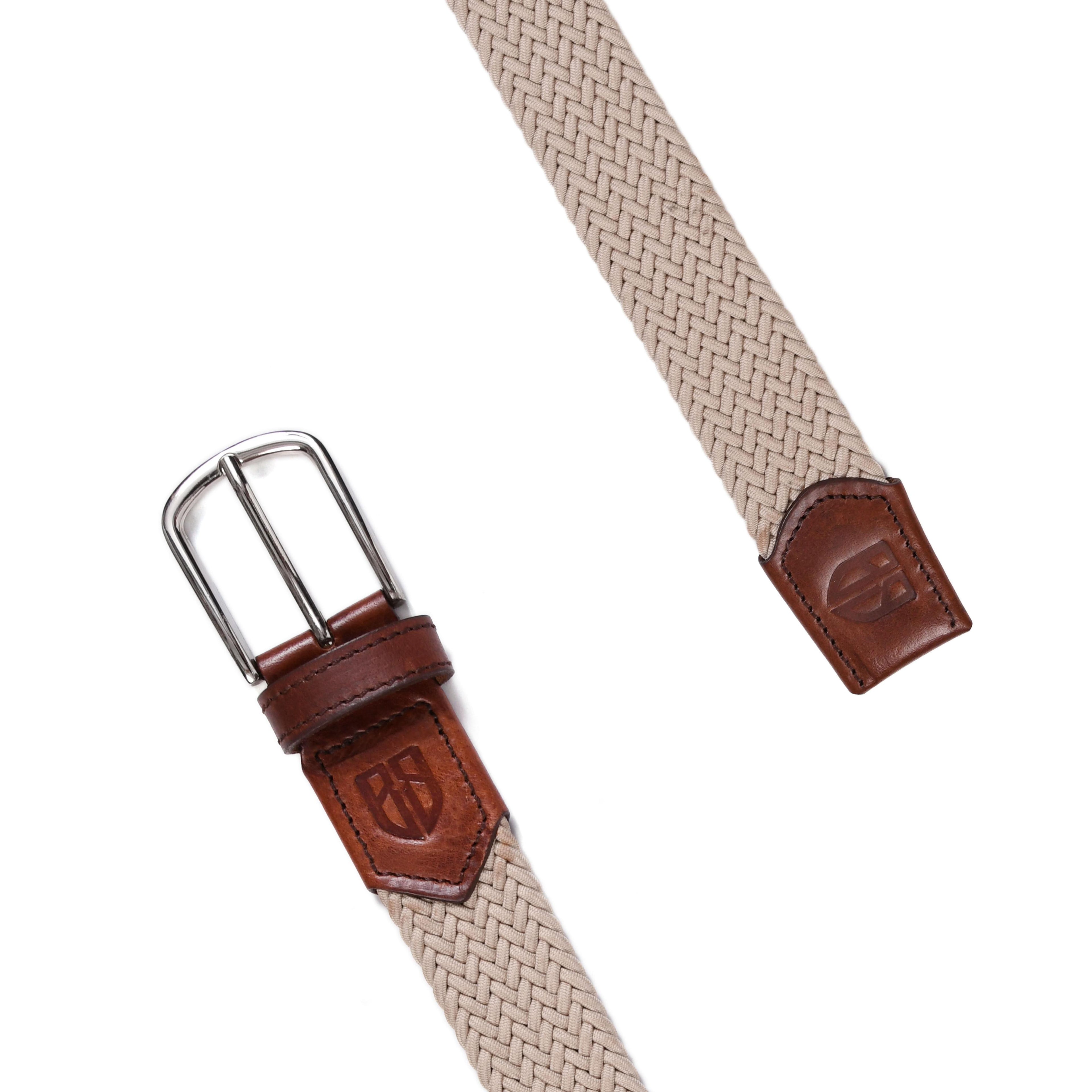 Golf Stretch Belt – Classic Beige with Brown Leather Trim