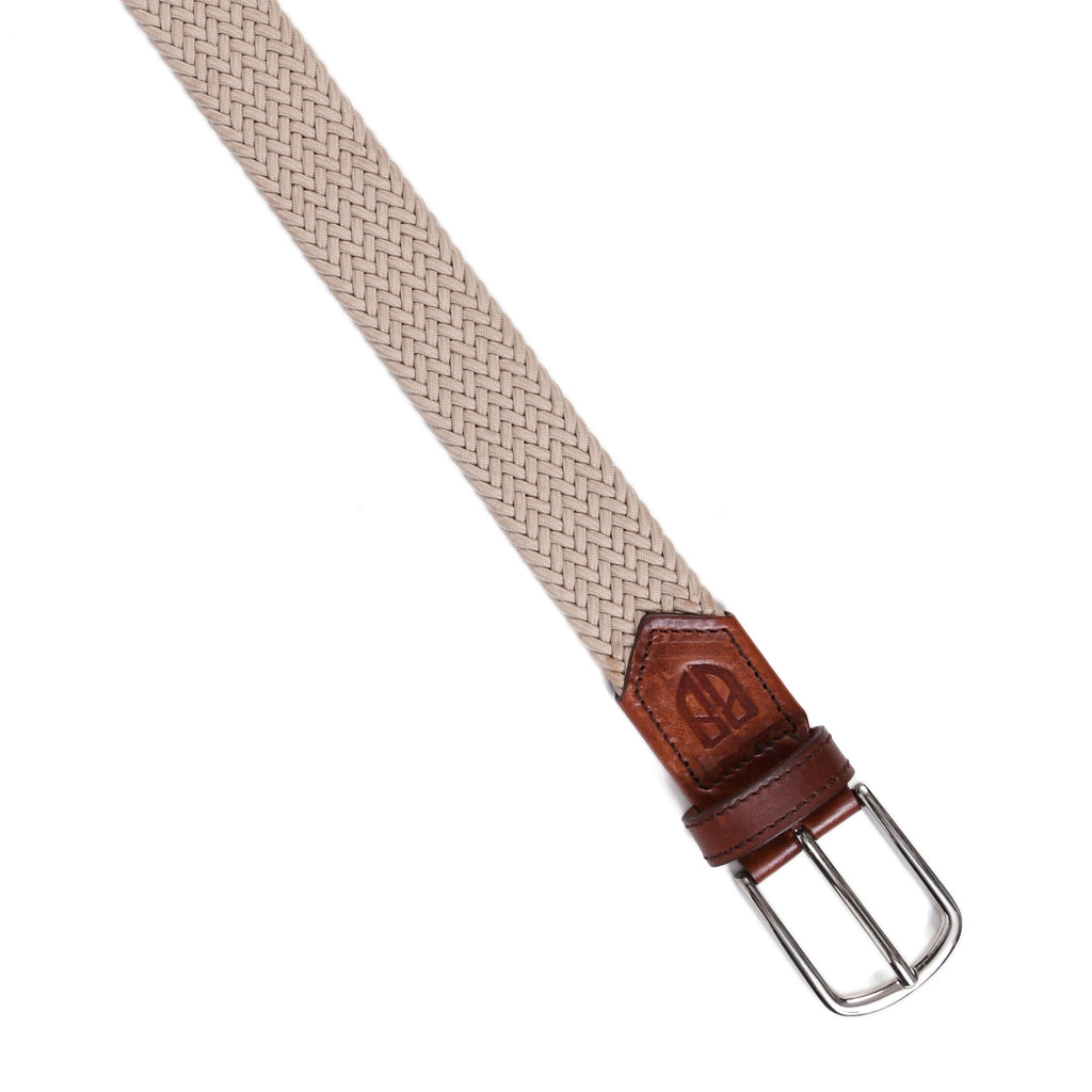 Golf Stretch Belt – Classic Beige with Brown Leather Trim